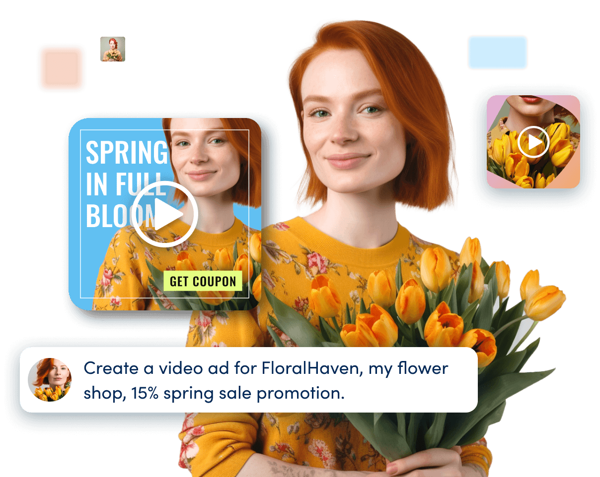 girl with flowers in AI video with text prompt saying “Create a video ad for FloralHaven, my flower shop, 15% spring sale promotion.