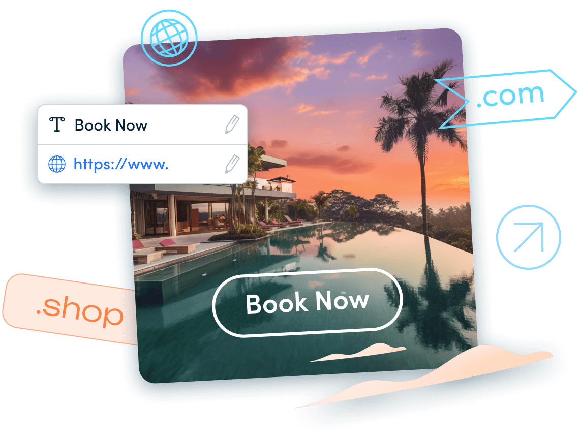 AI-generated travel video showing interactive Book Now CTA button and Lucas field to add the link