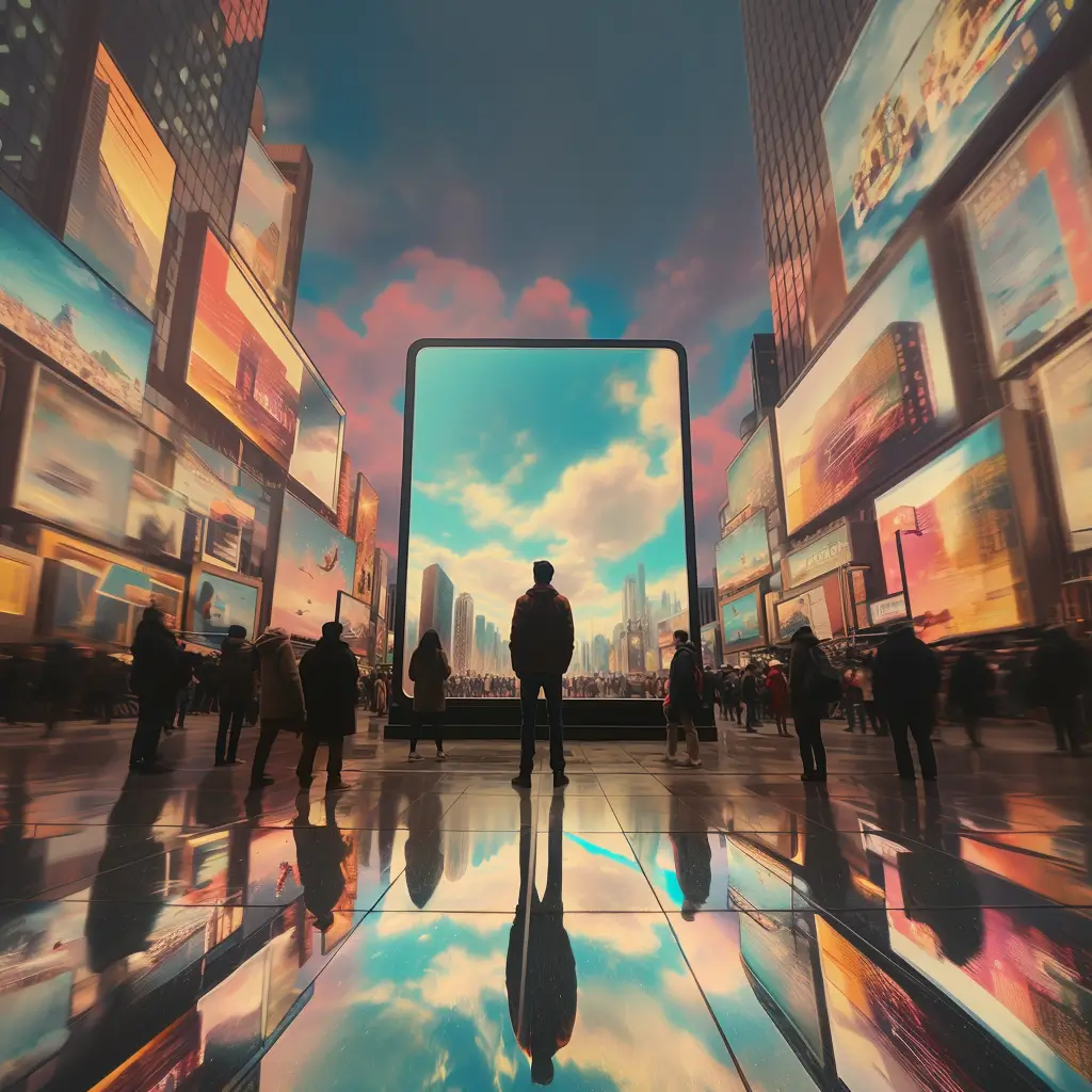 Man looking at giant screen in city showing new AI video technology